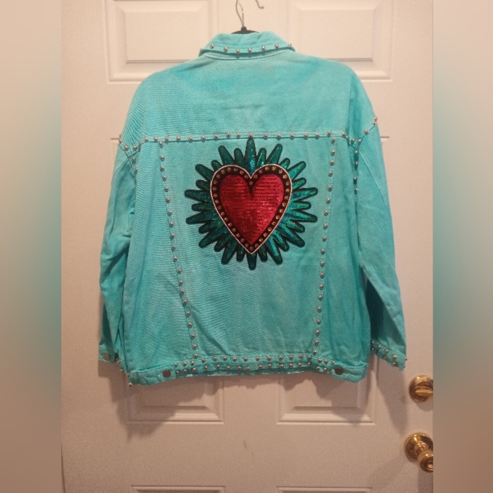 Studded Turquoise Jacket with Heart Design Professionally Riveted Over 100 Rivet